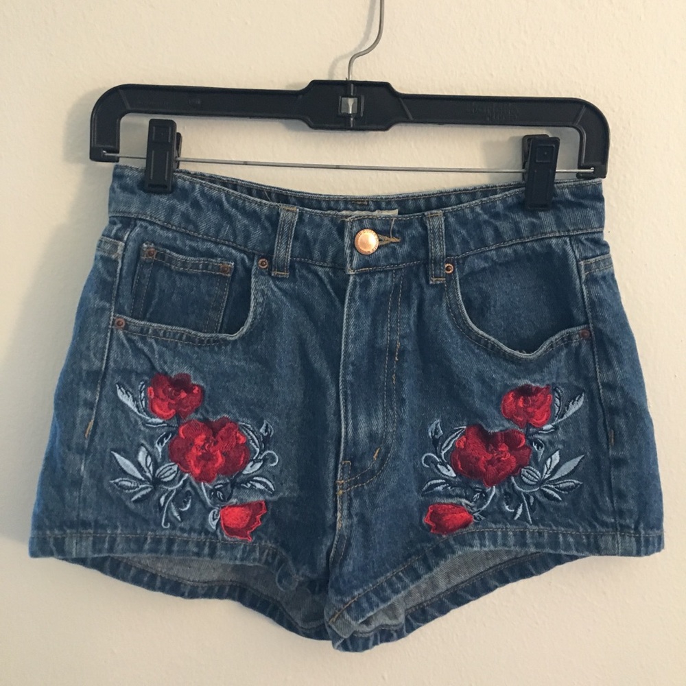 High Waisted Embroidered Rose Denim Jean Shorts
